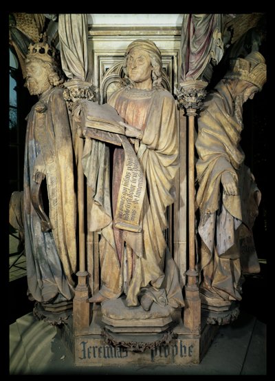 Jeremiah (centre), David (left) and Zacharias (right), figures from the hexagonal pedestal of the Well of Moses, 1395-1404 by Claus and Malouel, Jean Sluter